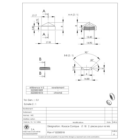 1 x Conical rosette or screw cover (1 rosette and 1 screw cup) Chrome Plated Brass Diameter 18 Linch Pin Screw M6