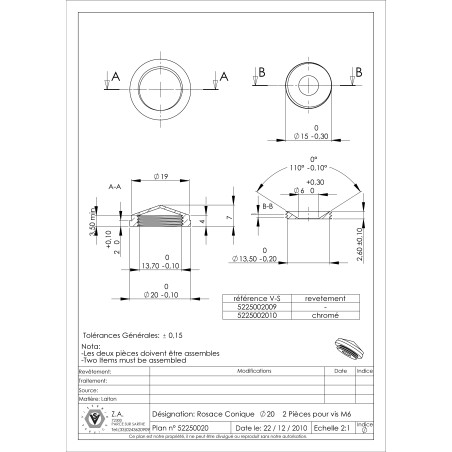 1 x Conical rosette or screw cover (1 rosette and 1 screw recess) Brass Diameter 20 Linch Pin Screw M6