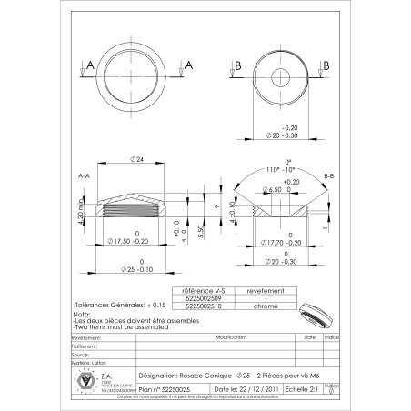 1 x Conical rosette or screw cover (1 rosette and 1 screw cup) Brass Diameter 25 Linch Pin Screw M6