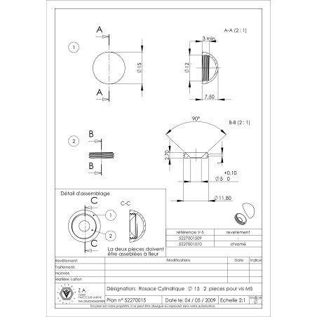 1 x Round rosette or screw cover (1 rosette and 1 screw recess) Brass Diameter 15 Linch Pin Screw M5