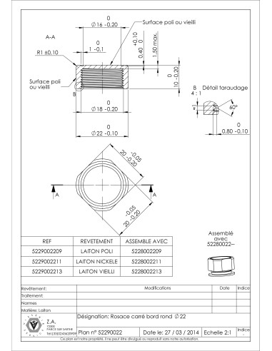 1 x Cover Cap Square EDGE Round 22 Brass AGED
