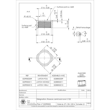 1 x Cover Cap Square EDGE Round 22 Brass AGED