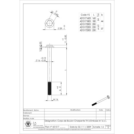 1 x Bolt Partial Thread Carpenter Hexagonal Head Flange M16X180 Yellow Zinc