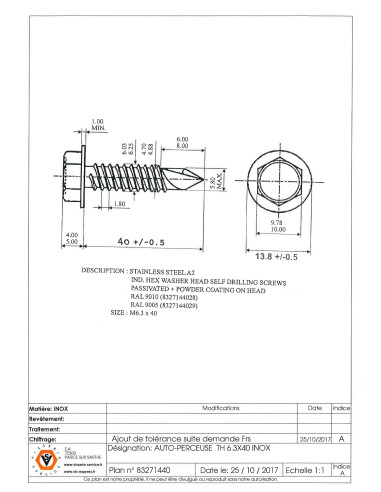 1 x Self Drilling Hexagonal Head 6.3X40...