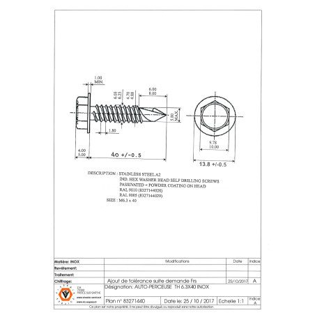 1 x Self Drilling Hexagonal Head 6.3X40 Stainless Steel A2 Ral9005/Jet Black