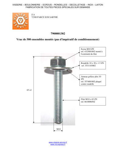 1 x Thread M10X65 With Nut + Washer + GRIFAXE...