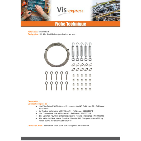 1 x Kit of 30 metres of stainless steel cable diameter 2