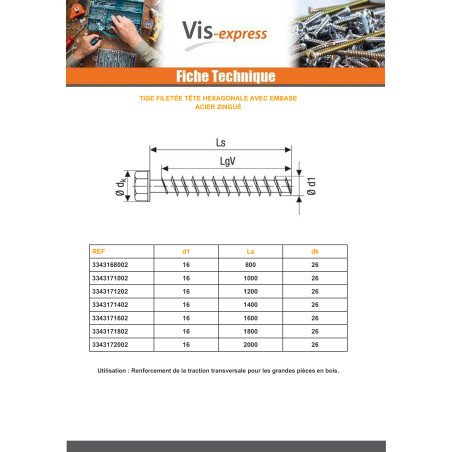 1 x Threaded Rod Hexagonal Head 16X1000 Zinc Plated