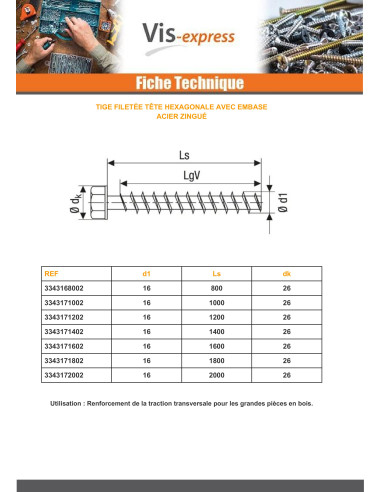 1 x Threaded Rod Hexagonal Head 16X2000 Zinc...