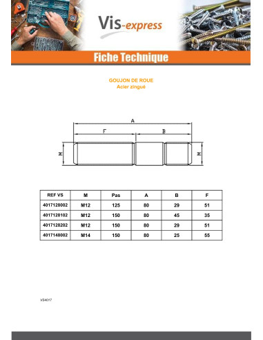 1 x Stud Of WHEEL Zinc Plated M12X80 Thread...