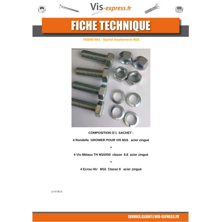 1 x SMALL BAG 4 Metrische Schrauben de SECHSKANTKOPF 4 MUTTERN 4 Scheiben de GROWER M16X50