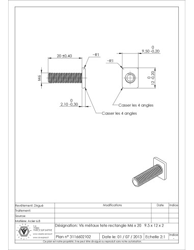 1 x Machine Screw Rectangular Head M6X20...