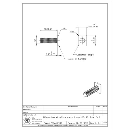 1 x Machine Screw Rectangular Head M6X20 9.5X12X2 Zinc Plated