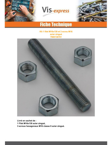 1 x KIT 1 Thread M16X130 With 3 Nut M16 Zinc...