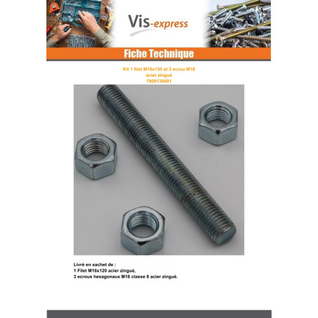 1 x KIT 1 Thread M16X120 With 3 Nut M16 Zinc Plated