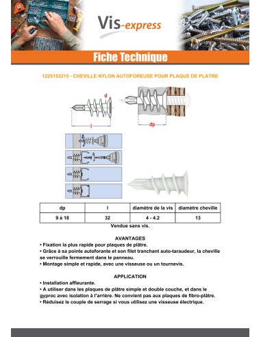 1 x Plug Nylon SELF-DRILLING MACHINE PLATE...