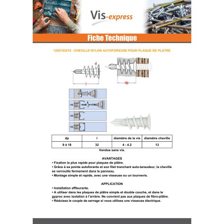 1 x Plug Nylon SELF-DRILLING MACHINE PLATE PLASTER 15X32