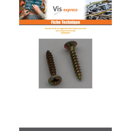 1 x Small Bag Of 56 Chipboard Screw Countersunk Head Pozi N°2 4X25 Yellow Zinc