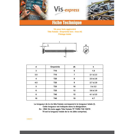 1 x Chipboard Screw Countersunk Head T40 8X100 Full Thread Stainless Steel A2