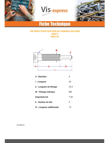 1 x Screw PLIERS SOLAR M8X43 Stainless Steel A2