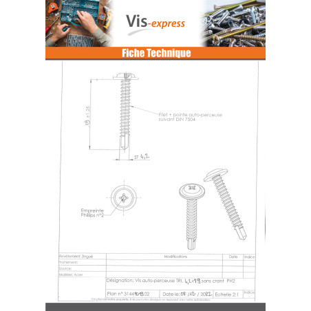 1 x Self Drilling Large Round Head Phillips 4.2X19 Zinc Plated