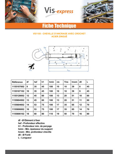 1 x Plug Anchor + Hook Drill 14 M10X70 Zinc Plated