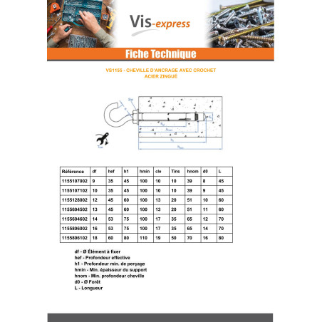 1 x Plug Anchor + Hook Drill 8 M6X45 Zinc Plated