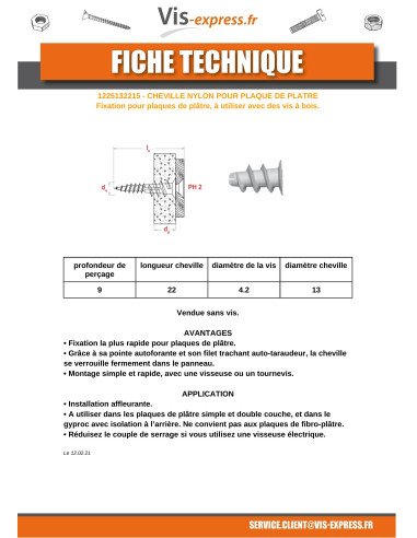 1 x Plug Nylon Linch Pin plasterboard 13X22