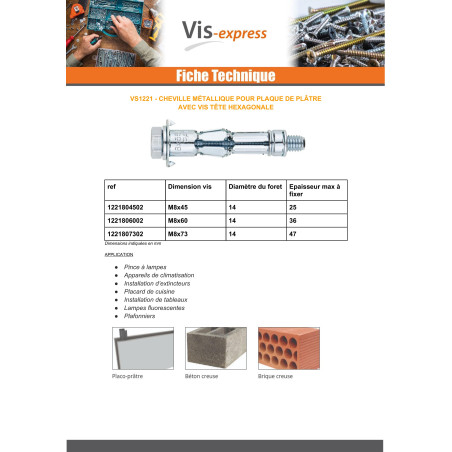 1 x Plug PLATE PLASTER With Screw Hexagonal Head M8X73 Zinc Plated