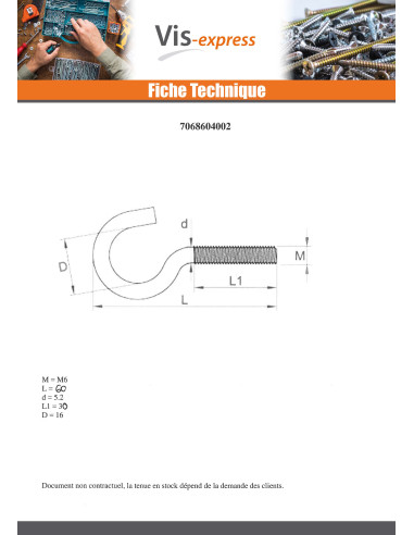 1 x Hooks Machine Zinc Plated 6X60