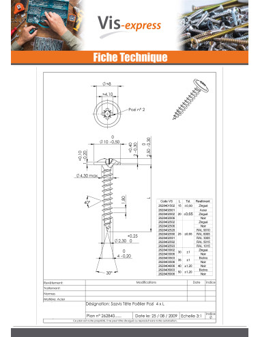 1 x Chipboard Screw Mushroom Pozi PZ2 4X16 Full...