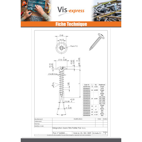 1 x Chipboard Screw Mushroom Pozi N°2 4X15 Full Thread Zinc Plated Ral9016/Traffic Signalisation LIQUID