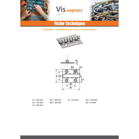 1 x Hinge Type H 4 Hole Stainless Steel A2 30X40