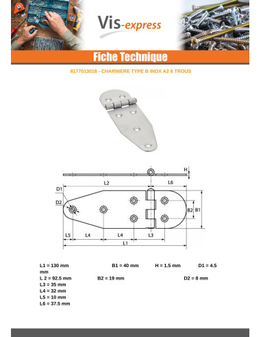 1 x Hinge Type B 6 Hole Stainless Steel A2 130X40