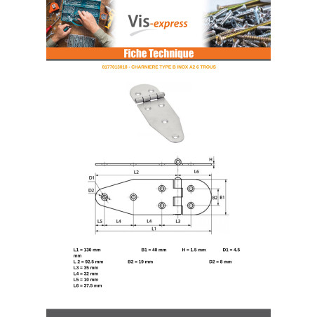 1 x Hinge Type B 6 Hole Stainless Steel A2 130X40