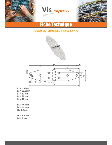 1 x Hinge Double Oval 8 Hole Stainless Steel A2...