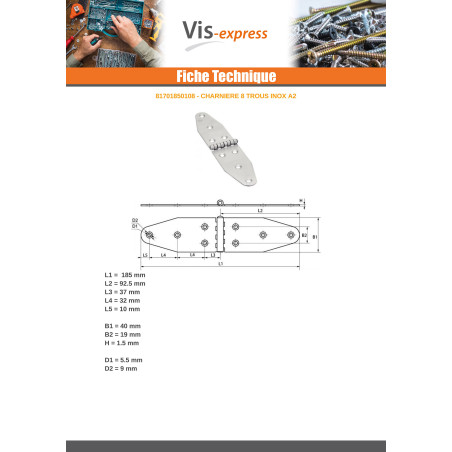 1 x Hinge Double Oval 8 Hole Stainless Steel A2 185X92.5
