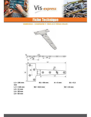 1 x Hinge Head 8 Hole Stainless Steel A4 195X98