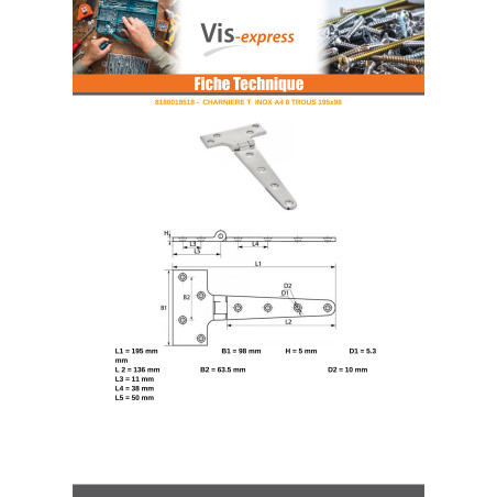 1 x Hinge Head 8 Hole Stainless Steel A4 195X98