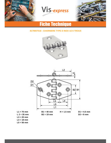 1 x Hinge Type D 6 Hole Stainless Steel A2 70X40