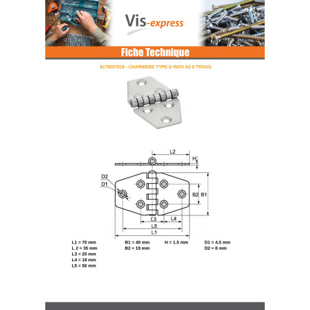 1 x Hinge Type D 6 Hole Stainless Steel A2 70X40