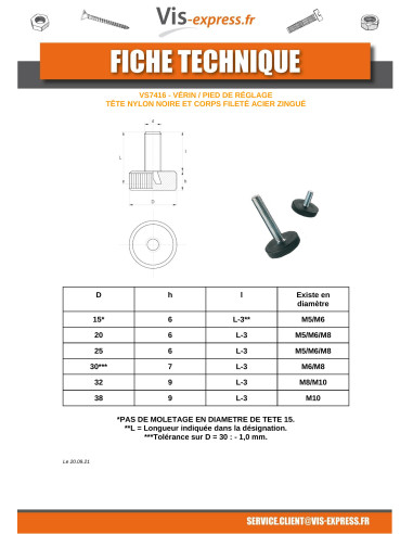 1 x FOOT Screw Jack ADJUSTABLE M8X20 Head...