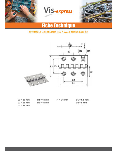 1 x Hinge Type Slotted 6 Hole Stainless Steel...