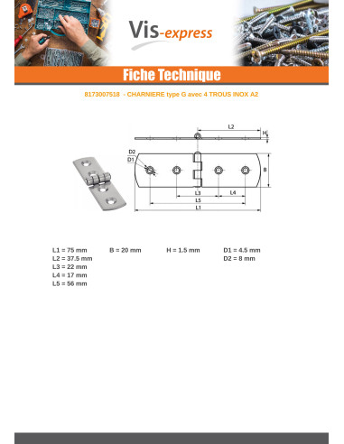 1 x Hinge Type G 4 Hole Stainless Steel A2 75X20