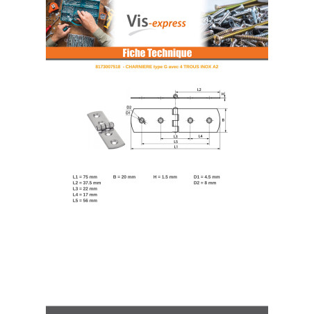 1 x Hinge Type G 4 Hole Stainless Steel A2 75X20