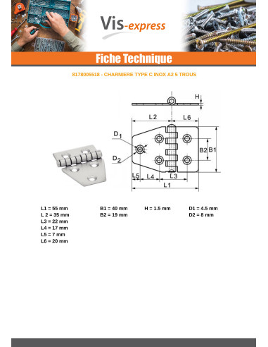 1 x Hinge Type C 5 Hole Stainless Steel A2 55X40