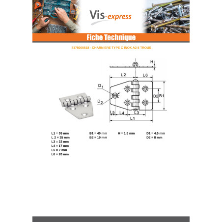 1 x Hinge Type C 5 Hole Stainless Steel A2 55X40