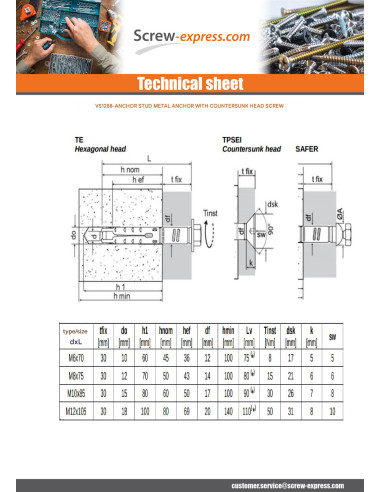 1 x Stud Anchor Plug METAL 12X75 Screw M8X80...