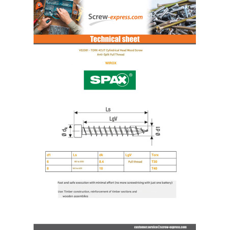 1 x Spax Wood Screw Pan Head T30 6X120 Full Thread 4CUT WIROX