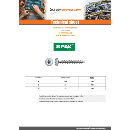 1 x Spax Wood Screw Disc Head Screw T40 4CUT 8X80 Thread Length: 70 WIROX